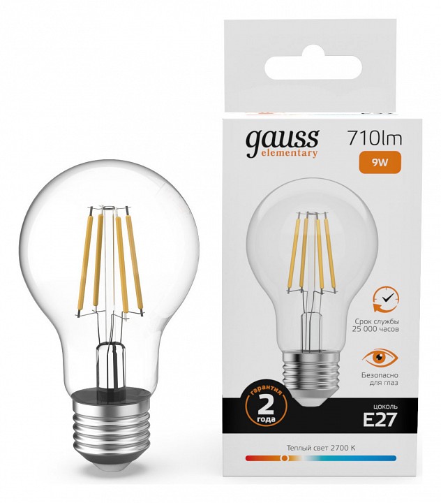 Лампа светодиодная gauss filament elementary e27 9вт 2700k 22219