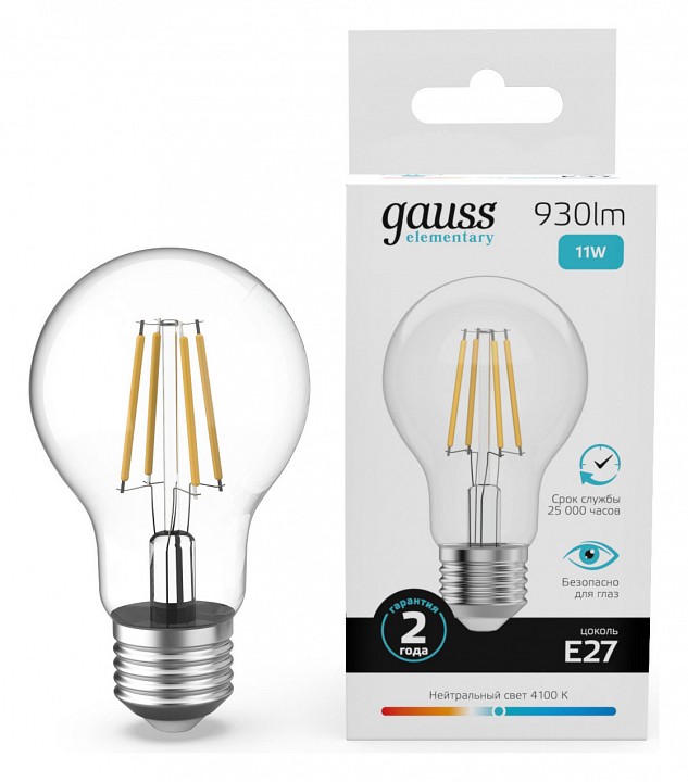 Лампа светодиодная gauss filament elementary e27 11вт 4100k 22221