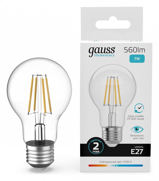 Лампа светодиодная gauss filament elementary e27 7вт 4100k 22227