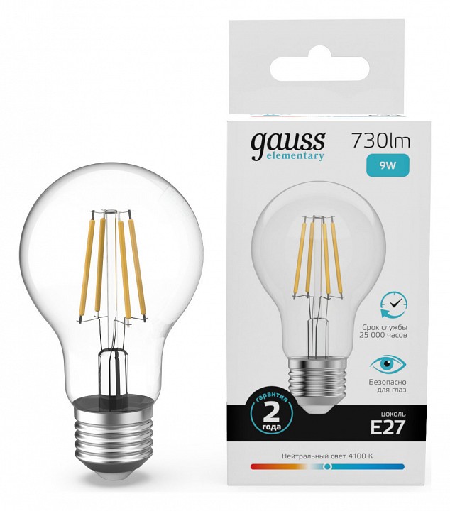 Лампа светодиодная gauss filament elementary e27 9вт 4100k 22229