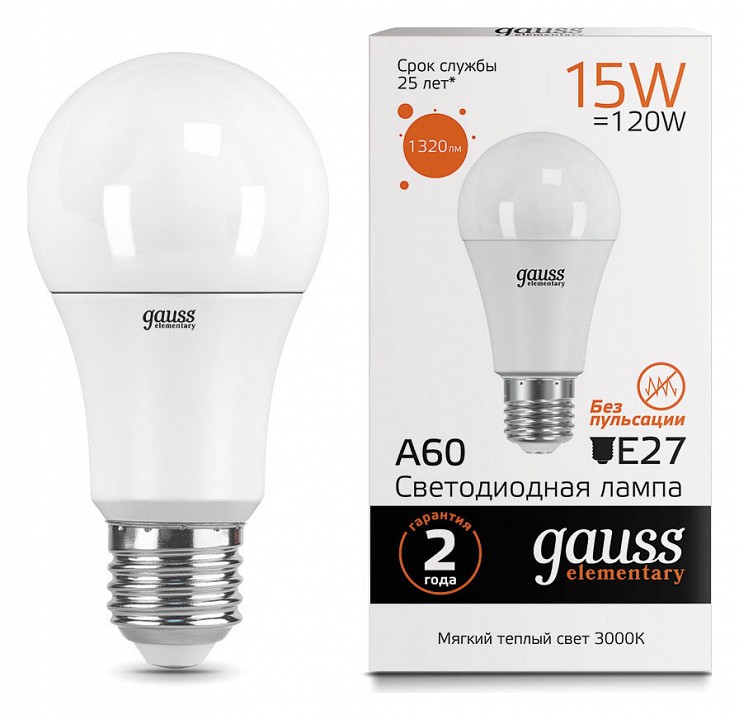 Лампа светодиодная gauss led elementary a60 e27 15вт 3000k 23215