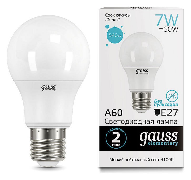 Лампа светодиодная gauss led elementary a60 e27 7вт 4100k 23227a