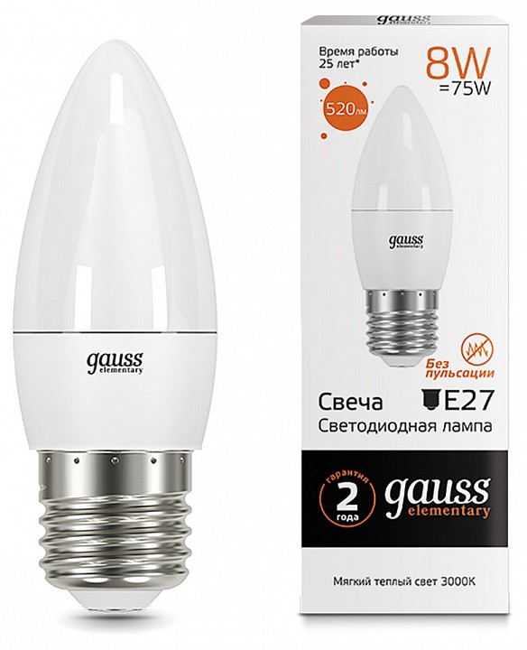 Лампа светодиодная gauss led elementary candle e27 8вт 3000k 33218
