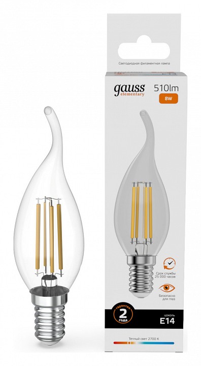 Лампа светодиодная gauss filament elementary e14 8вт 2700k 42118