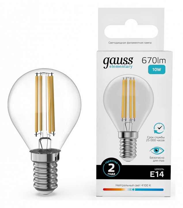 Лампа светодиодная gauss filament elementary e14 10вт 4100k 52120