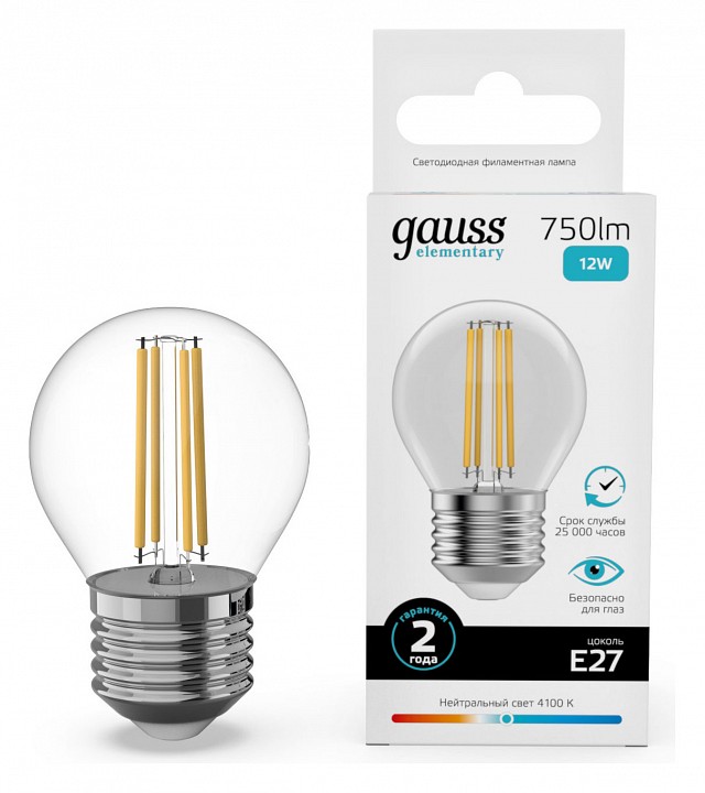 Лампа светодиодная gauss filament elementary e27 12вт 4100k 52222