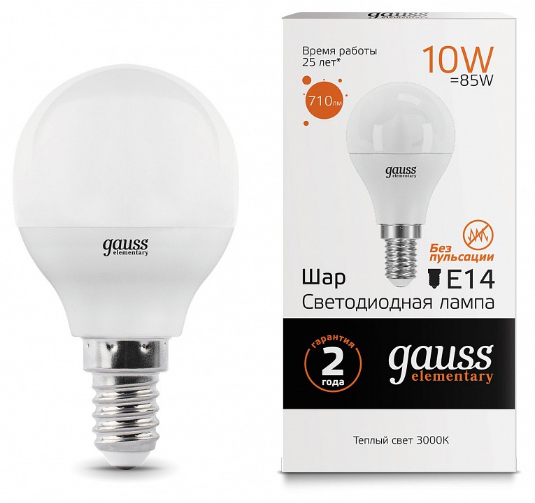 Лампа светодиодная gauss led elementary globe e14 10вт 3000k 53110