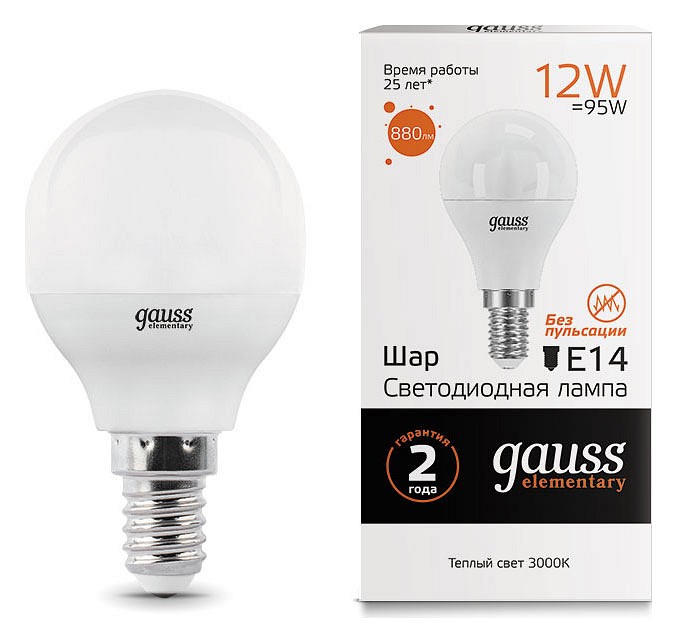 Лампа светодиодная gauss led elementary e14 12вт 3000k 53112