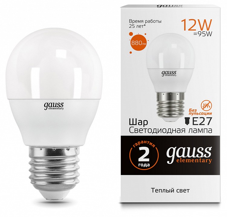 Лампа светодиодная gauss led elementary e27 12вт 3000k 53212