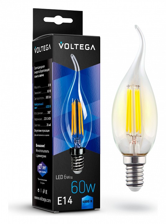 Лампа светодиодная voltega candle wind 6w e14 6вт 4000k 7018