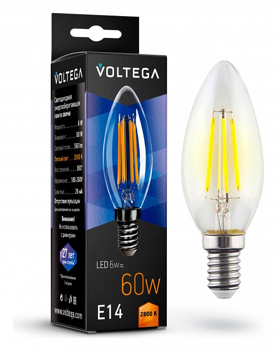 Лампа светодиодная voltega candle 6w e14 6вт 2800k 7019