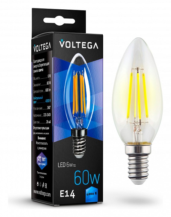 Лампа светодиодная voltega candle 6w e14 6вт 4000k 7020