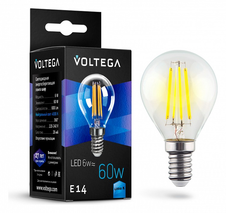Лампа светодиодная voltega globe 6w e14 6вт 4000k 7022
