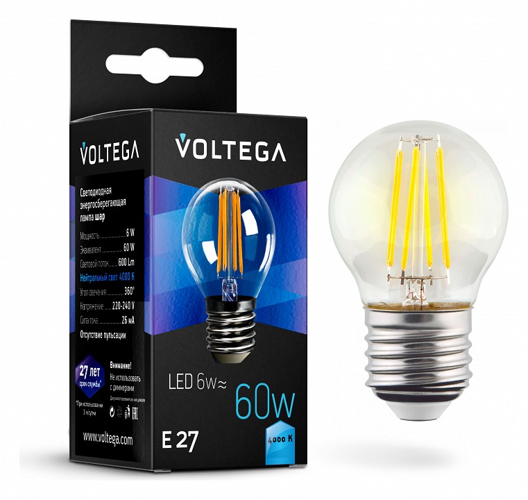Лампа светодиодная voltega globe e27 6w e27 6вт 4000k 7024