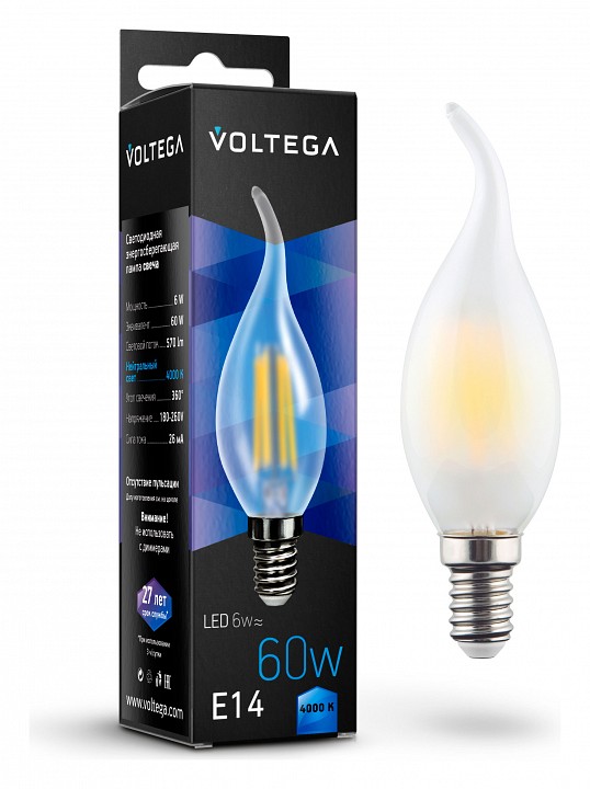 Лампа светодиодная voltega candel wind matt 6w e14 6вт 4000k 7026