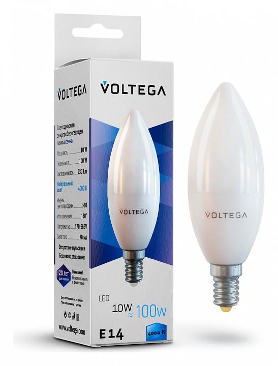 Лампа светодиодная voltega candle 10w e14 10вт 4000k 7065