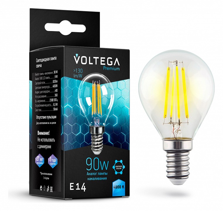 Лампа светодиодная voltega globe e14 9w graphene e14 7вт 4000k 7137