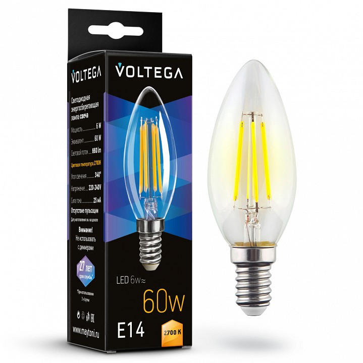 Лампа светодиодная voltega candle 6w e14 6вт 2700k 7197