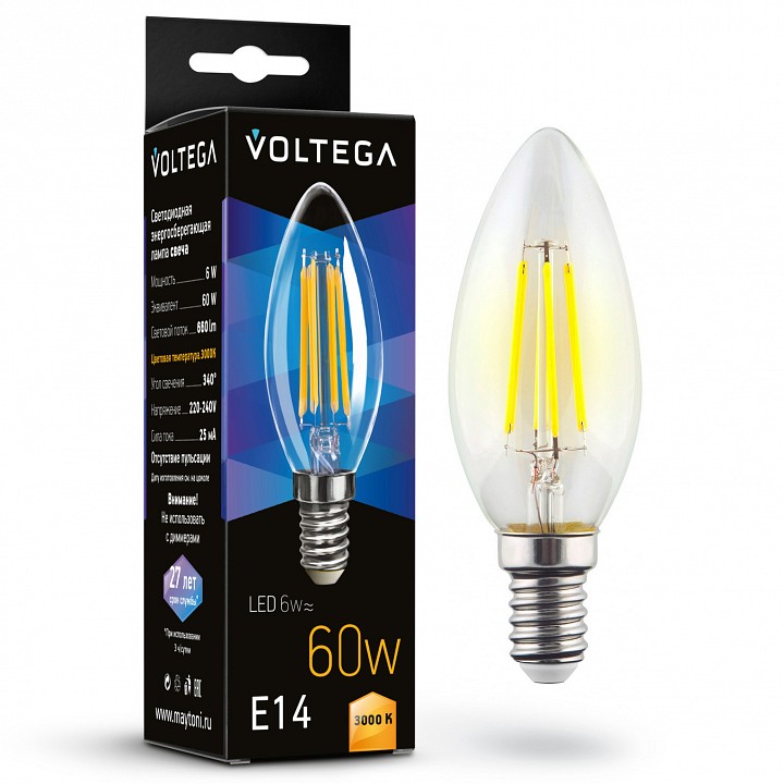 Лампа светодиодная voltega candle 6w e14 6вт 3000k 7198