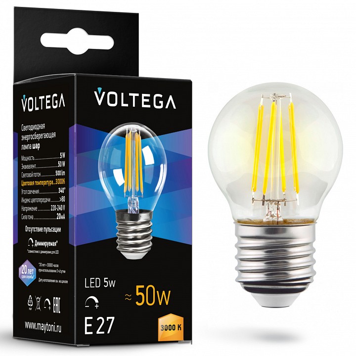 Лампа светодиодная voltega globe dim 5w e27 5вт 3000k 7202