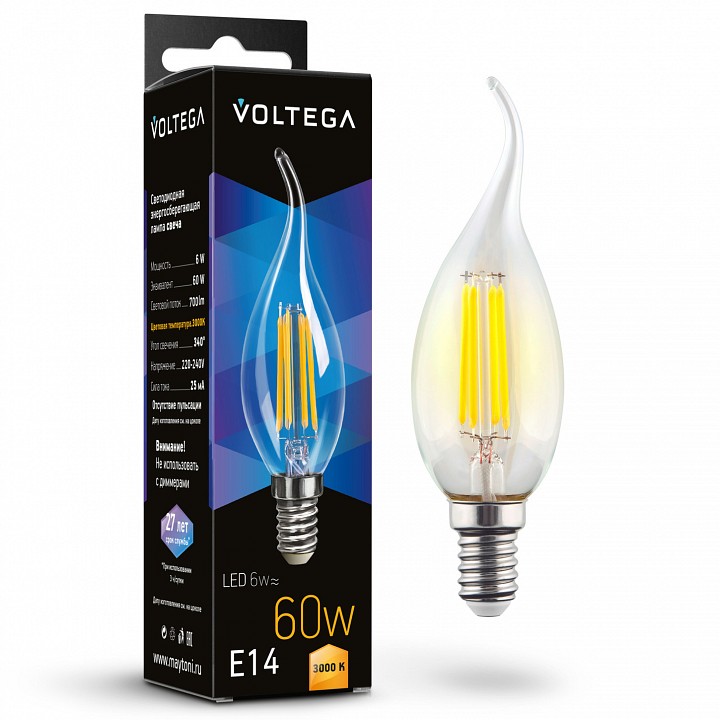 Лампа светодиодная voltega candle wind 6w e14 6вт 3000k 7209