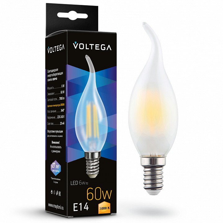 Лампа светодиодная voltega candel wind matt 6w e14 6вт 3000k 7210