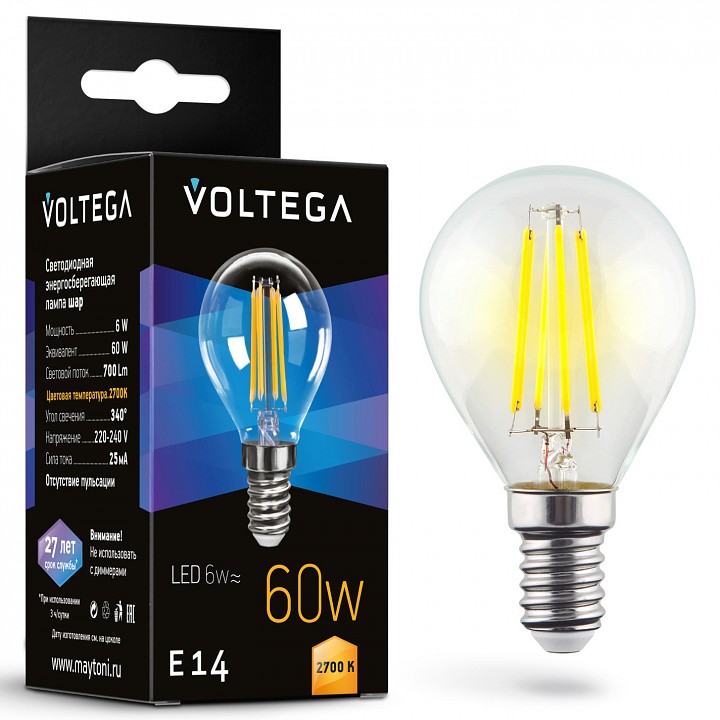 Лампа светодиодная voltega globe 6w e14 6вт 2700k 7212