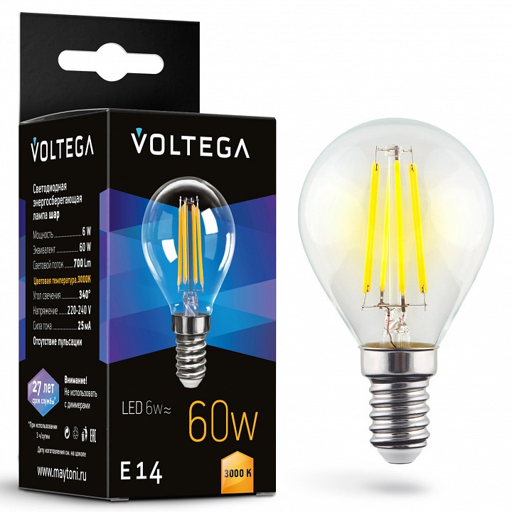 Лампа светодиодная voltega globe 6w e14 6вт 3000k 7213
