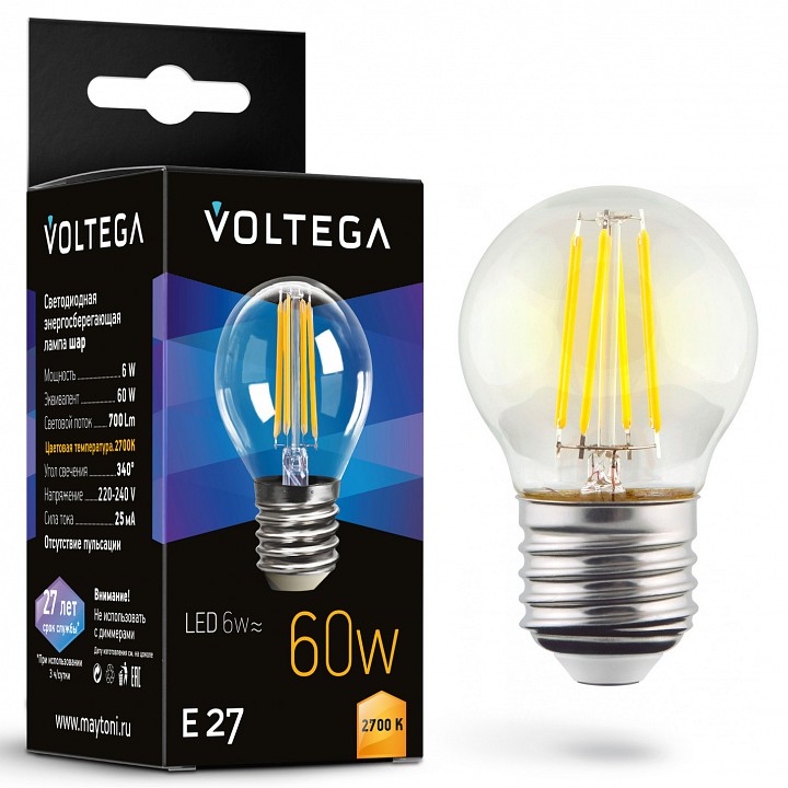 Лампа светодиодная voltega globe e27 6w e27 6вт 2700k 7214
