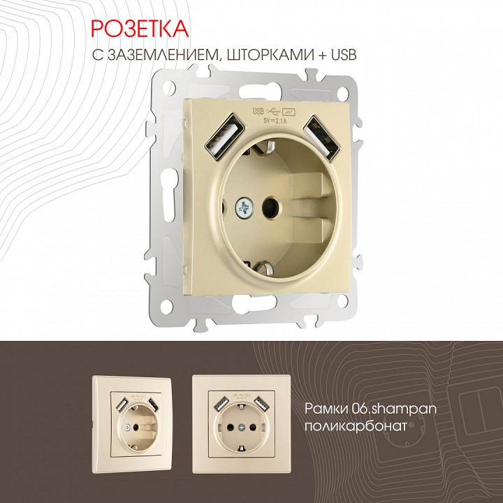 Розетка с заземлением и со шторкой и 2хusb, Без рамки arte milano am-206 206.47-1.shampan