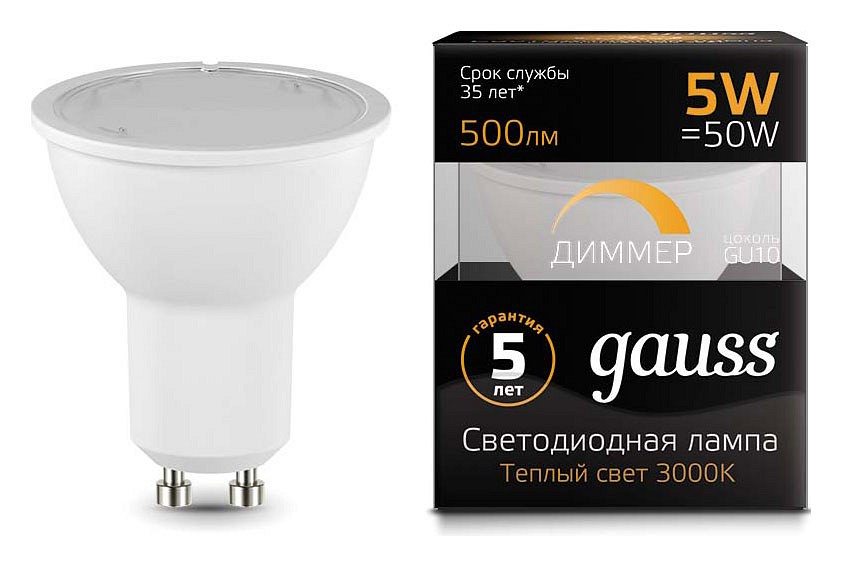 Лампа светодиодная gauss 1015 gu10 5вт 3000k 101506105-d