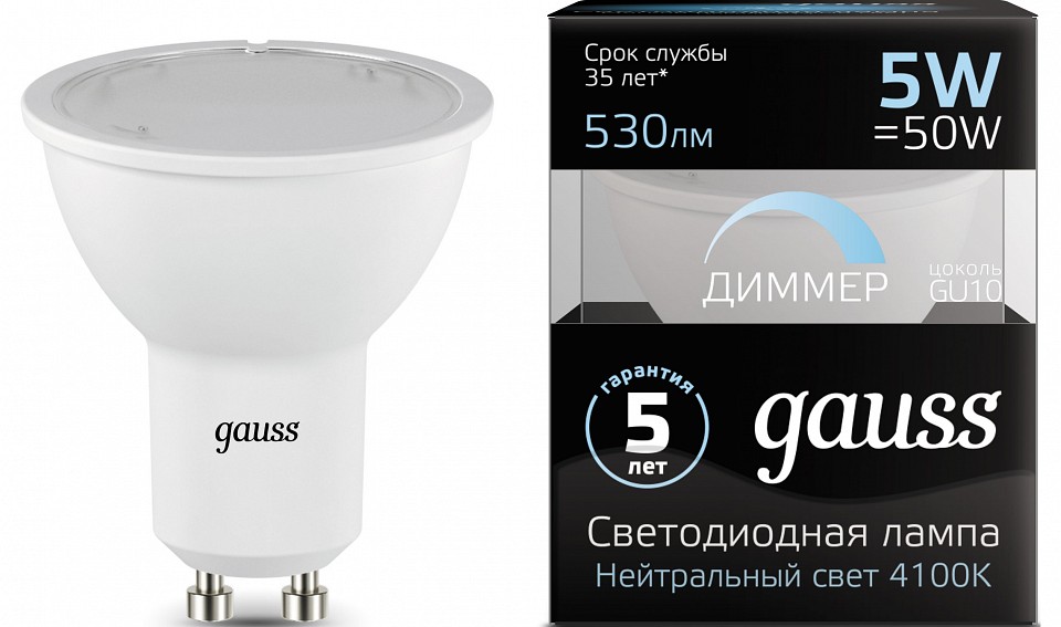 Лампа светодиодная gauss 1015 gu10 5вт 4100k 101506205-d