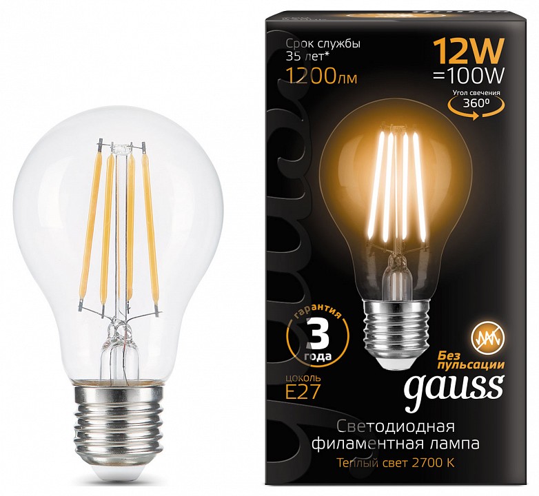 Лампа светодиодная gauss filament e27 12вт 2700k 102902112