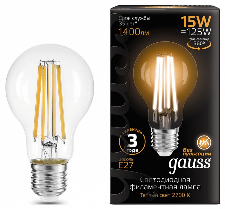 Лампа светодиодная gauss filament e27 15вт 2700k 102902115