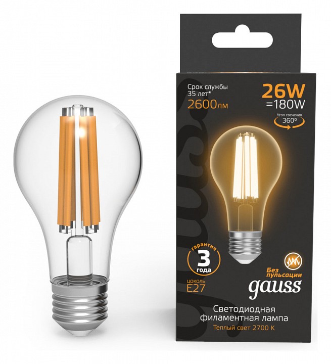Лампа светодиодная gauss filament e27 26вт 2700k 102902126