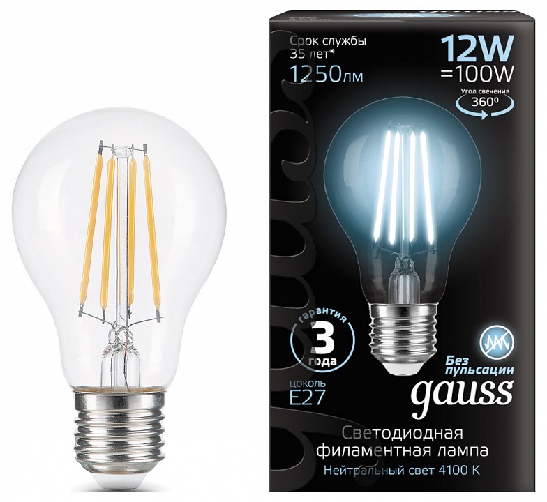 Лампа светодиодная gauss filament e27 12вт 4100k 102902212