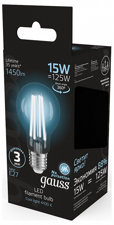 Лампа светодиодная gauss filament e27 15вт 4100k 102902215