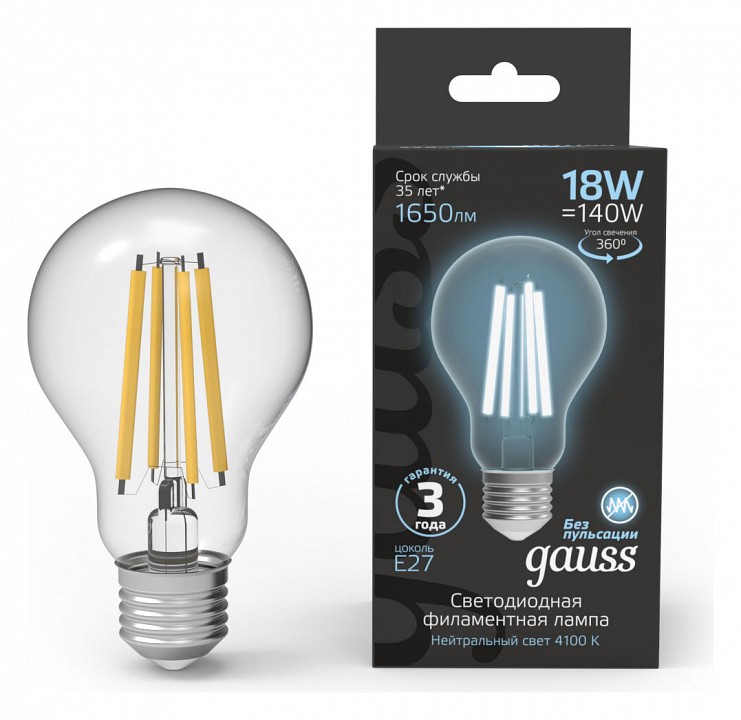 Лампа светодиодная gauss filament e27 18вт 4100k 102902218