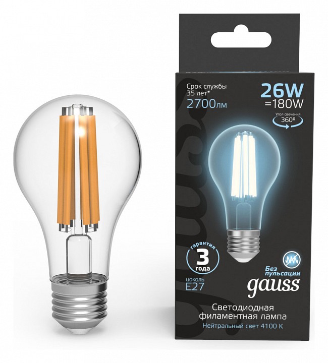 Лампа светодиодная gauss filament e27 26вт 4100k 102902226