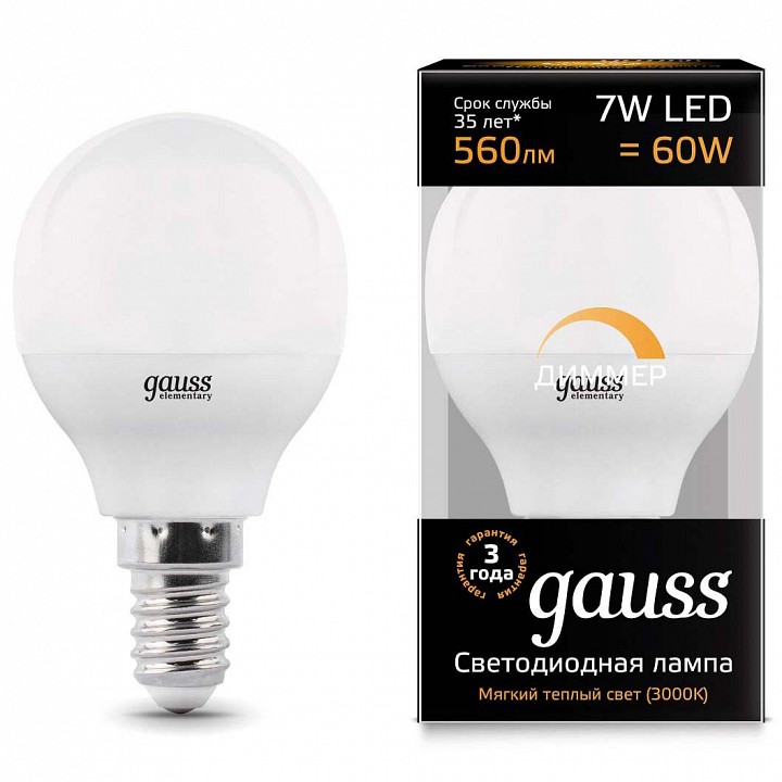 Лампа светодиодная gauss 1051 e14 7вт 3000k 105101107-d