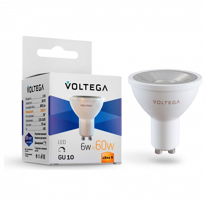 Лампа светодиодная voltega sofit dim gu10 lens gu10 6вт 2800k 7108