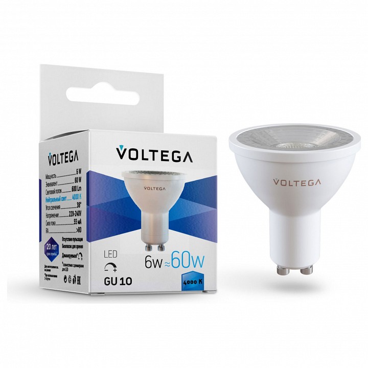 Лампа светодиодная voltega sofit dim gu10 lens gu10 6вт 4000k 7109