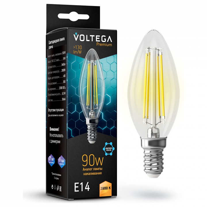 Лампа светодиодная voltega candle 9w graphene e14 7вт 2800k 7134