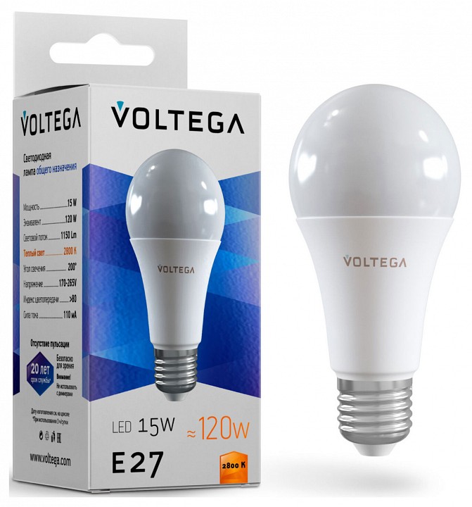 Лампа светодиодная voltega general purpose bulb 15w e27 15вт 2800k 7156