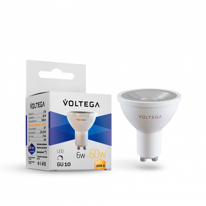 Лампа светодиодная voltega simple gu10 6вт 3000k 7251