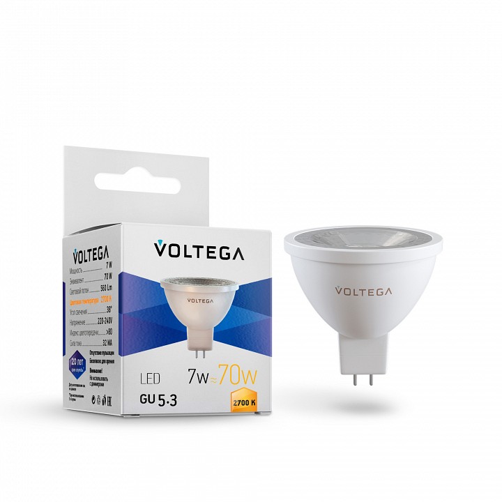Лампа светодиодная voltega simple gu5.3 7вт 2700k 7258