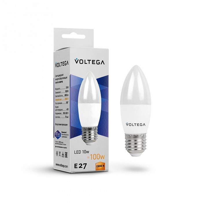 Лампа светодиодная voltega candle 10w e27 10вт 2800k 8451
