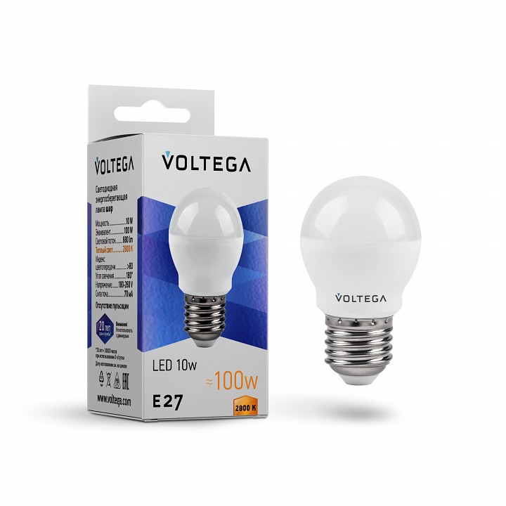 Лампа светодиодная voltega globe 10w e27 10вт 2800k 8455