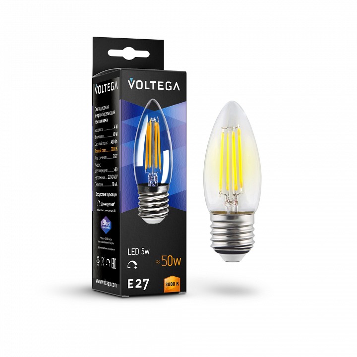 Лампа светодиодная voltega candle dim 5w e27 5вт 3000k 8462
