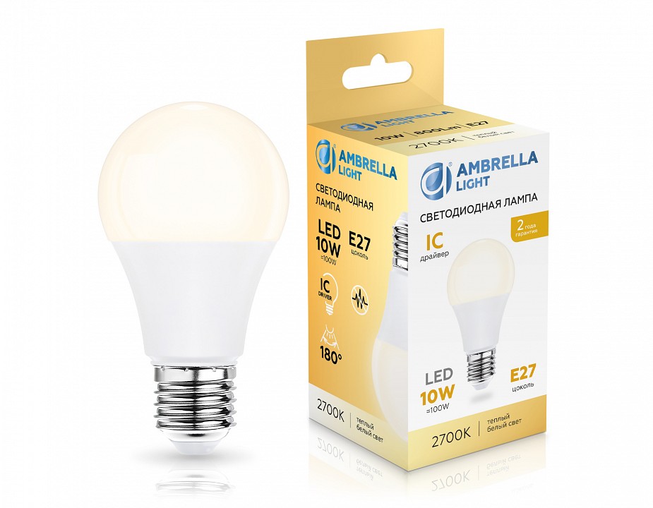 Лампа светодиодная ambrella light a60 e27 10вт 2700k 601003
